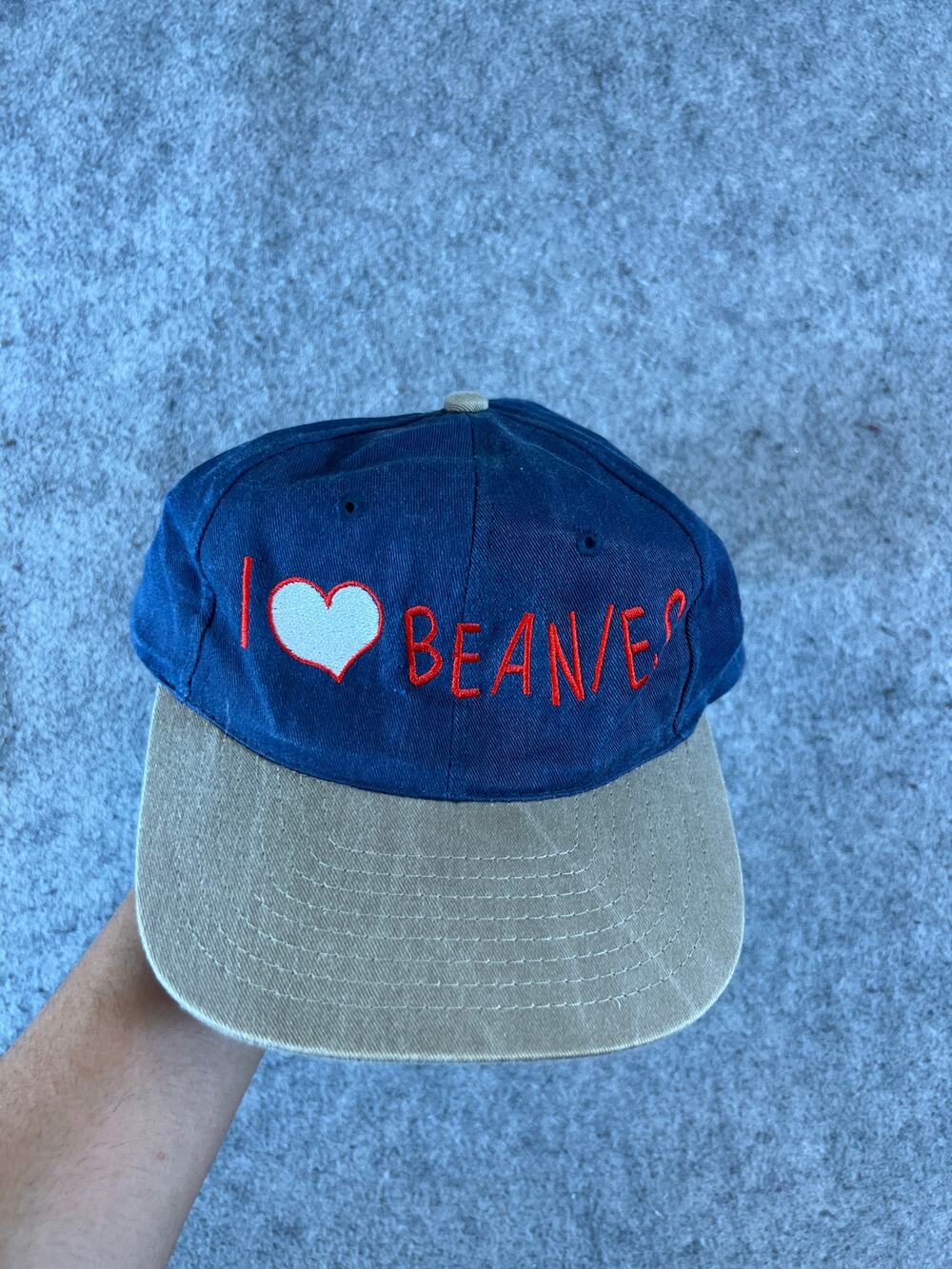 VINTAGE Y2K I Love Beanies Hat Blue Tan Strapback Head Shot KC Caps Adjutable